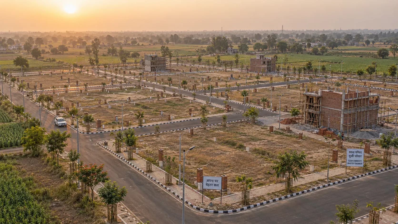 Aerial view of the township at golden hour
