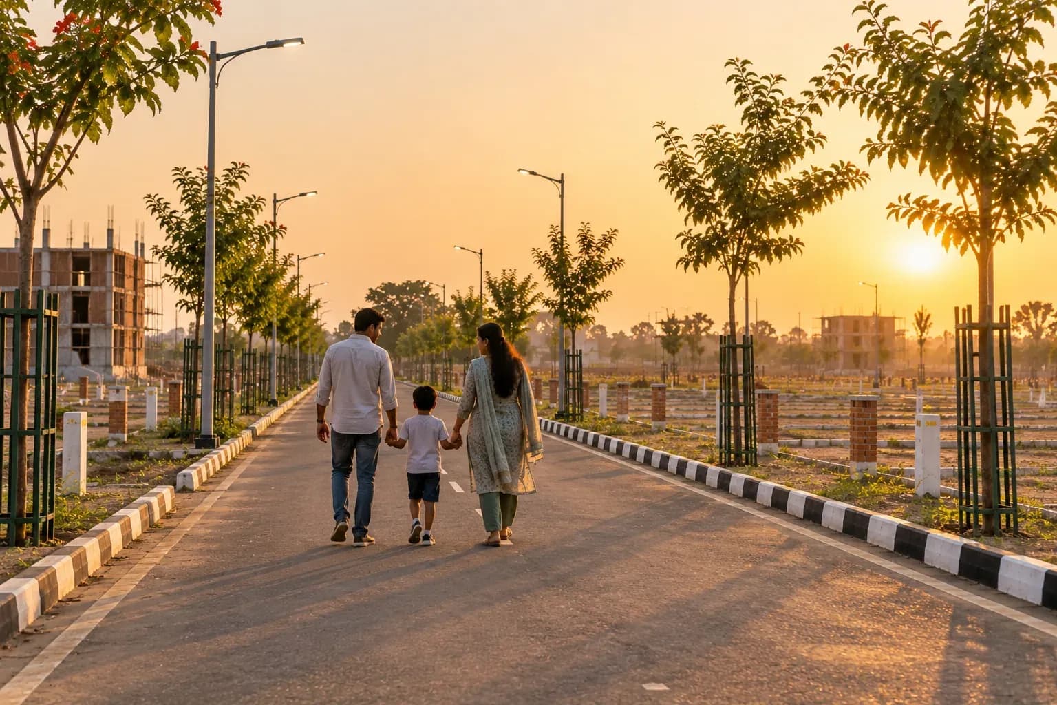 A paved internal road in the township at golden hour
